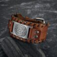 Leather Buckle Arm Cuff With Metal Vegvisir Design