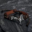 Adjustable Leather Wristband With Handcrafted Stainless Steel Mjolnir