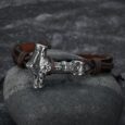 Adjustable Leather Wristband With Handcrafted Stainless Steel Mjolnir