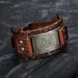 Leather Buckle Arm Cuff With Metal Vegvisir Design