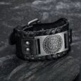 Leather Buckle Arm Cuff With Metal Vegvisir Design