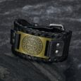 Leather Buckle Arm Cuff With Metal Vegvisir Design