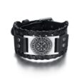 Leather Buckle Arm Cuff With Metal Vegvisir Design