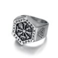 Handcrafted Stainless Steel Hexagonal Vegvisir & Valknut Rune Ring