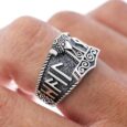 925 Sterling Silver Mjolnir and Hail Odin Runes Ring